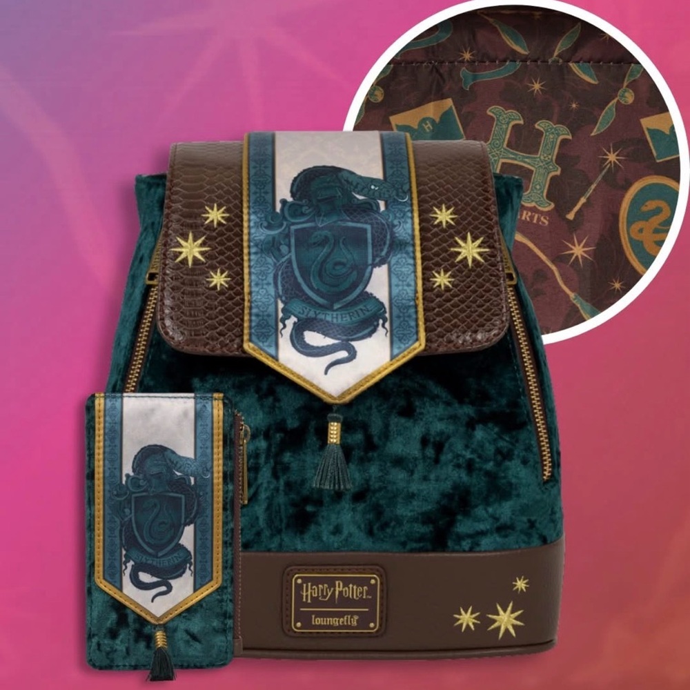Loungefly Exclusive Harry Potter Slytherin Banner Velvet Mini Backpack & Wallet